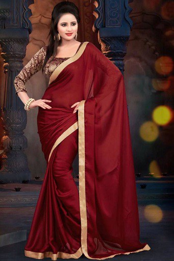 Plain Chiffon Saree With Brocade Blouse