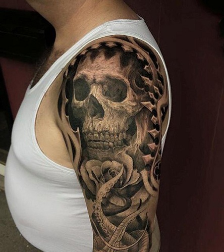 Black and Grey Skull Tattoo for Half Sleeve