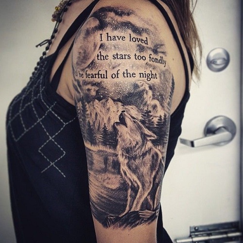 Wolf with Quotes Tattoo for Half Sleeve