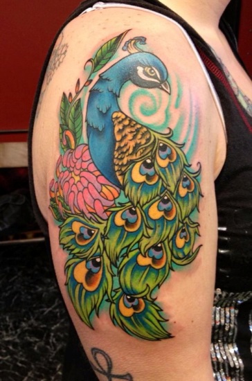 Multi-Color Peacock Shoulder Tattoo