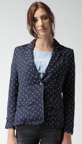 Blue Printed Denim Single-Breasted Casual Blazer -7