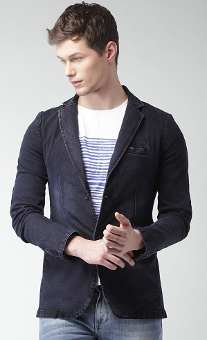 Navy Single-Breasted Casual Denim Blazer -3