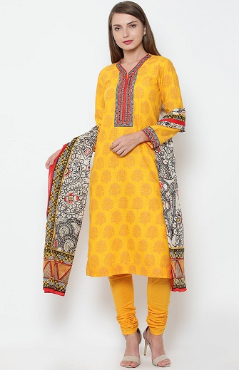 Designer Cotton Chudidar Suit In Yellow