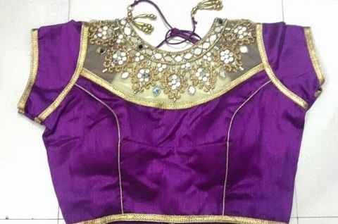 Jewelled Neck Readymade blouse in Synthetic Material