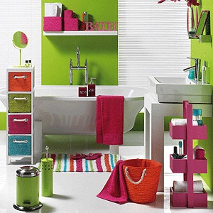 Colourful displays in bathroom