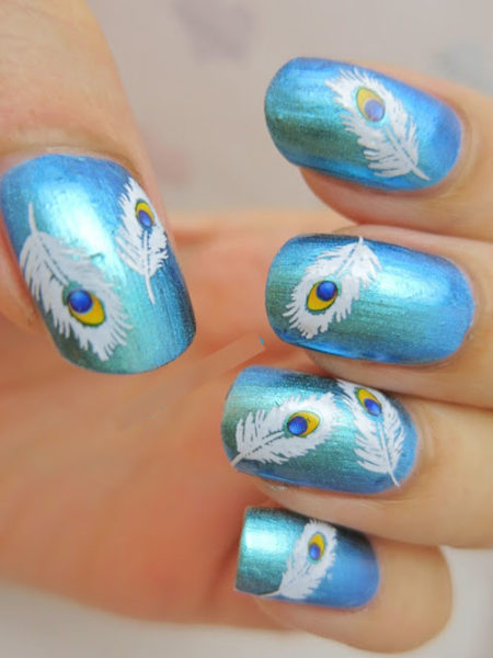 Free hand painted peacock feather nail art