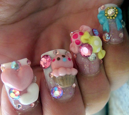 Kawaii deco nails with hearts, ice creams , bows and rhinestones