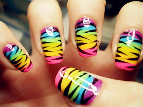 Zebra rainbow neon nails