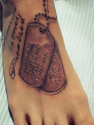 Dog chain tag foot tattoo