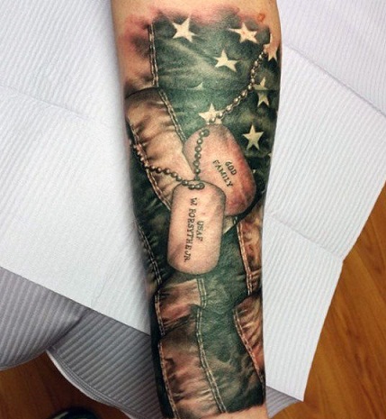 Colored dog tag tattoo on leg