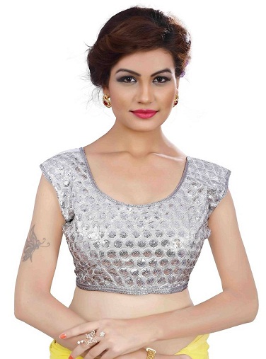 Plain Silver colored Sequined U-Neck Blouse design -3