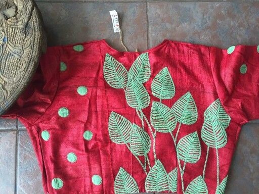 Leaf embroidery high neck Blouse design -7