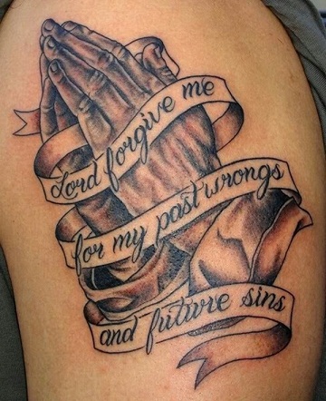 PRAYING HANDS WITH MESSAGE TATTOO