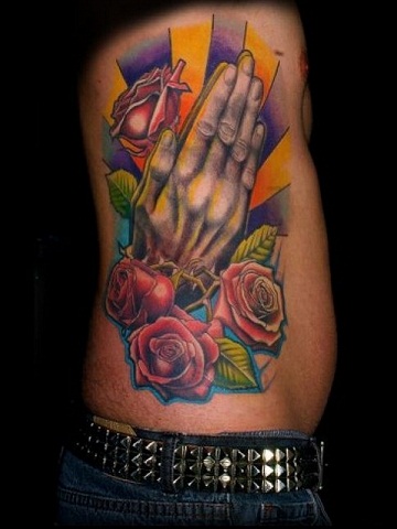 COLORFUL PRAYING HANDS TATTOO