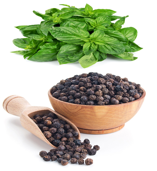 Black Pepper and Basil Leaves