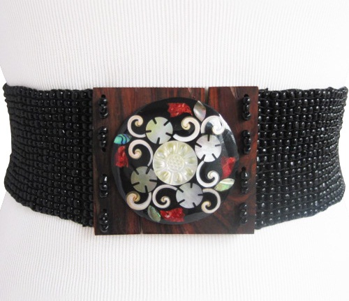 Black bead with Shell Design Wide Belt