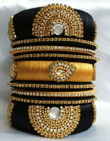 Black and Golden Thread Bangles with Stone