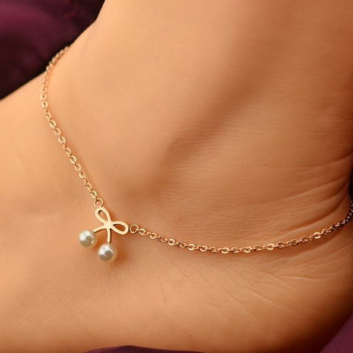 Cute Pearl Bowknot Anklet in Rose Gold