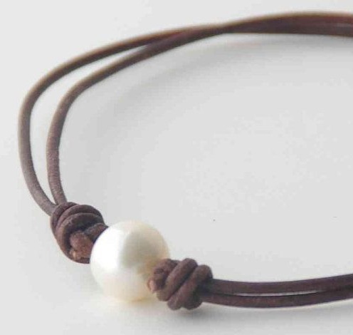 Adjustable Brown Leather Pearl Anklet