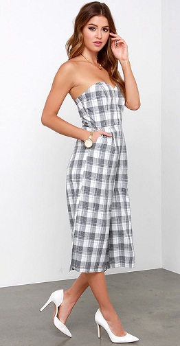 Printcess Grey Checkered Strapless Jumpsuit