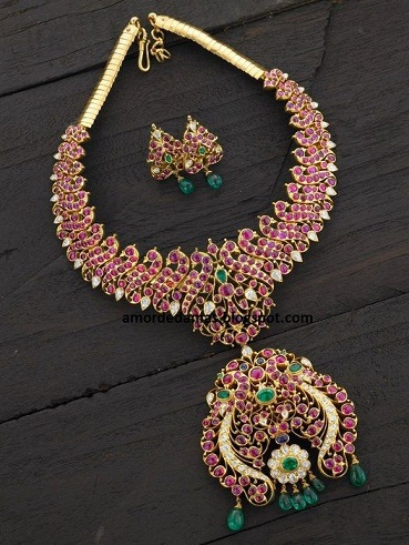 temple-jewellery-necklace-designs-ruby-necklace-with-jhumar