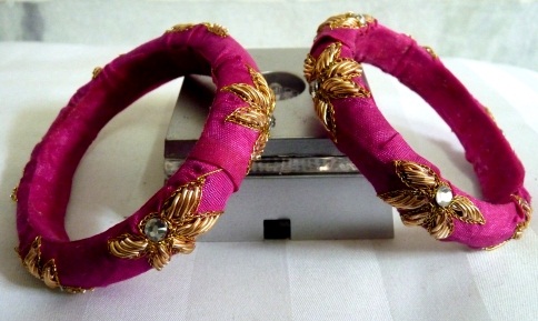 Handmade Pink Zardosi Bangles with Kundans