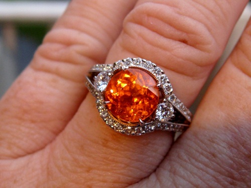 Spessartite garnet diamond ring