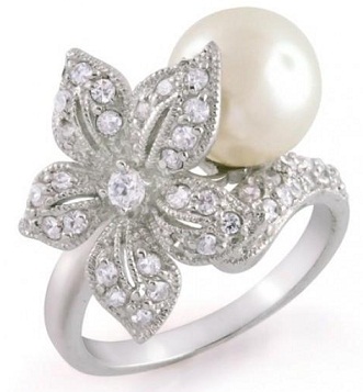 Flower Shape Silver Pearl Wedding Ring