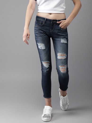 Blue Ankle Length Distressed Denim