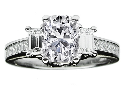 three stoned cushion cut engagement ring